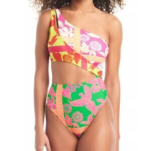 Bar III Womens XL One Shoulder Cut Out Vibrant Swimsuit One Piece Tropical $94